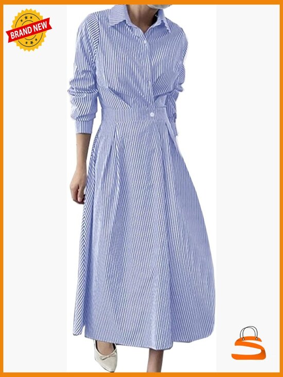 Dresses & Skirts - Elegant Striped Shirt Midi Dress Button Down Long Sleeve A-Line Wedding Guest